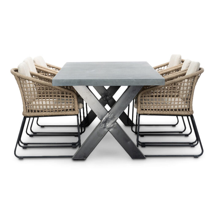BUITEN living Lyon/Tulum Sahara Dust dining tuinset | 6 personen | betonlook + touw | 250cm – Zand