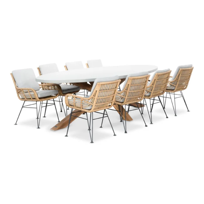 BUITEN living Livorno/Carlos Bamboo taupe dining tuinset | 8 personen | betonlook + wicker | 280cm