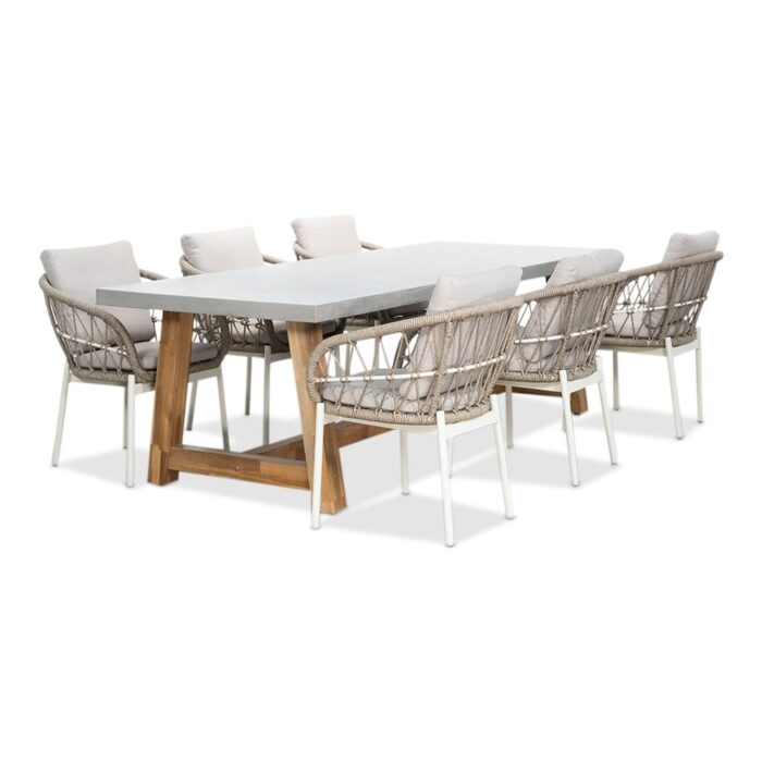 BUITEN living Veltis/Dakota beige/wit dining tuinset | 6 personen | betonlook + touw | 250cm – Taupe – Naturel – Bruin, Light Teak, Betonlook