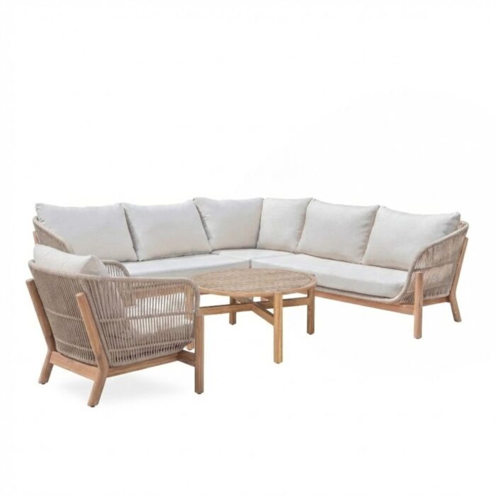 BUITEN living Braga hoek loungeset 6 personen incl. tafel & stoel | touw + hardhout | zand | 5-delig 235x235cm