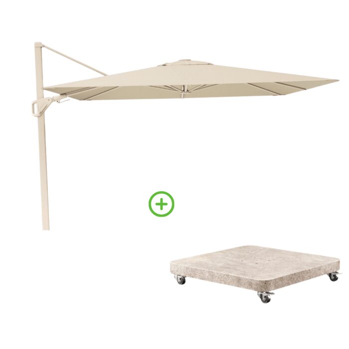 Platinum Nexus T² zweefparasol premium doek | 300×300 met Venezia rond parasolvoet 90kg | Champagne/Sandstone – Taupe – Naturel – Bruin, Beige