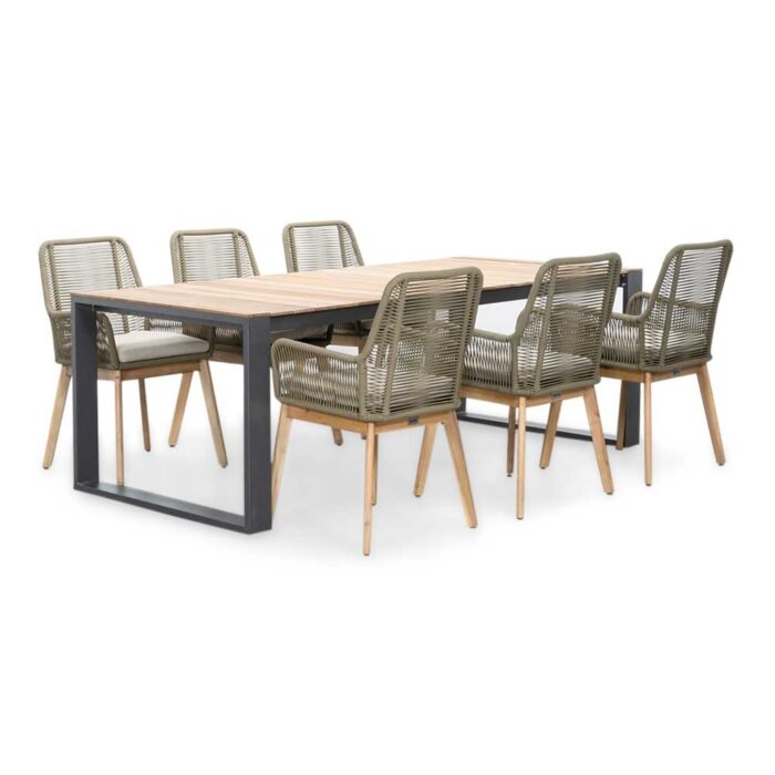 LUX outdoor living Atlanta/Padua olijfgroen dining tuinset | 6 personen | teakhout + touw | 218cm – Olijfgroen, Zwart, Natural Teak