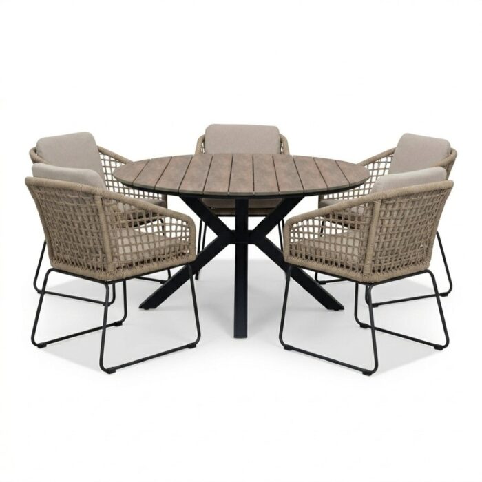 LUX outdoor living Cervo bruin/Tulum Sahara Dust dining tuinset | 5 personen | polywood + touw | 144cm rond – Naturel