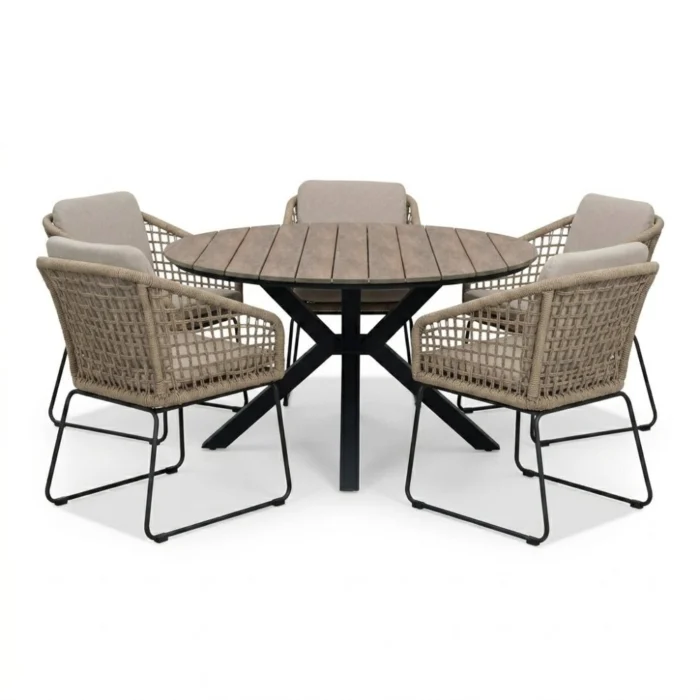 LUX outdoor living Cervo bruin/Tulum Sahara Dust dining tuinset | 5 personen | polywood + touw | 144cm rond - Naturel