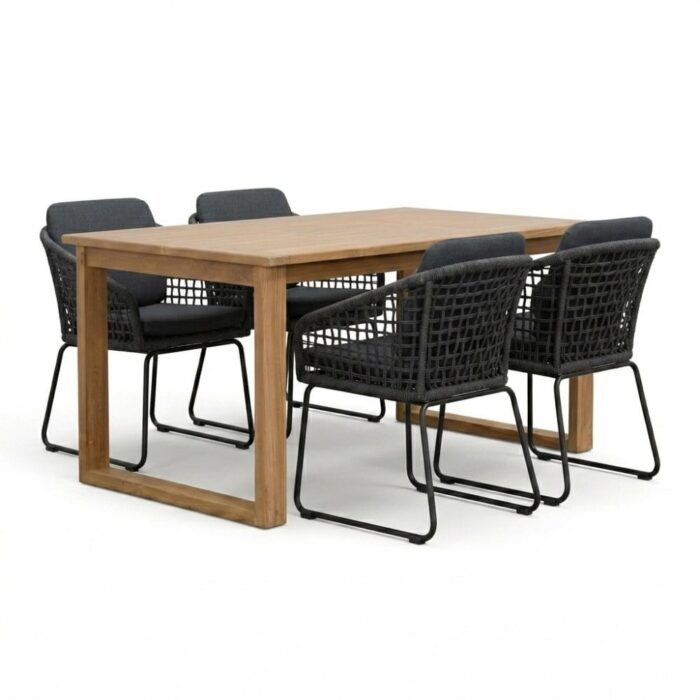 BUITEN living Corfu/Tulum Lava Grey dining tuinset | 4 personen | teakhout + touw | 150cm – Natural Teak