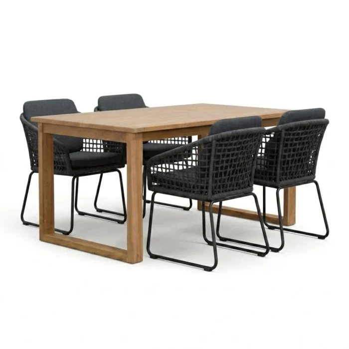 BUITEN living Corfu/Tulum Lava Grey dining tuinset | 4 personen | teakhout + touw | 150cm - Natural Teak