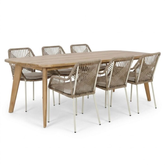 BUITEN living Rixos/Seville beige dining tuinset | 6 personen | hardhout + touw | 220cm