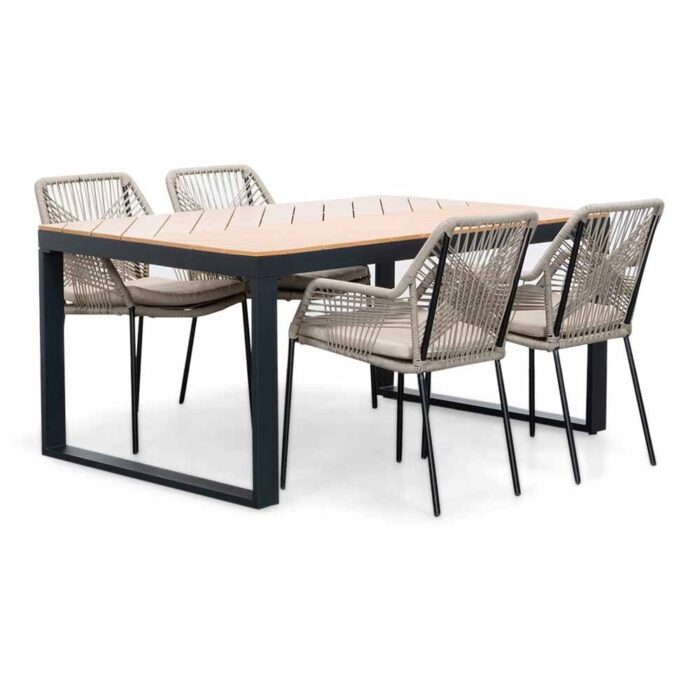 LUX outdoor living Kampa Natural/Seville zand dining tuinset | 4 personen | polywood + touw | 160cm – Taupe – Naturel – Bruin