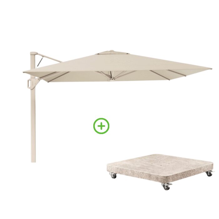 Platinum Beaufort zweefparasol premium doek | 320x320cm met Venezia rond parasolvoet 120kg | Champagne/Sandstone – Taupe – Naturel – Bruin, Beige