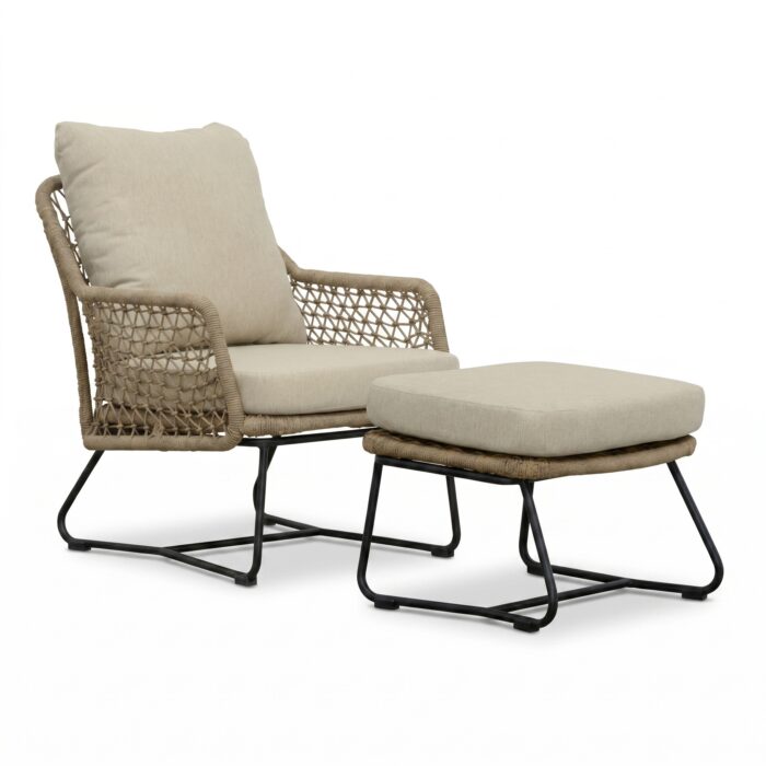 BUITEN living Gianna loungestoel tuin incl. voetenbank | touw + aluminium | Sahara Dust