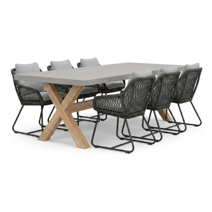 BUITEN living Norwich/Portofino Stone Grey dining tuinset | 6 personen | polystone + touw | 250cm – Betonlook