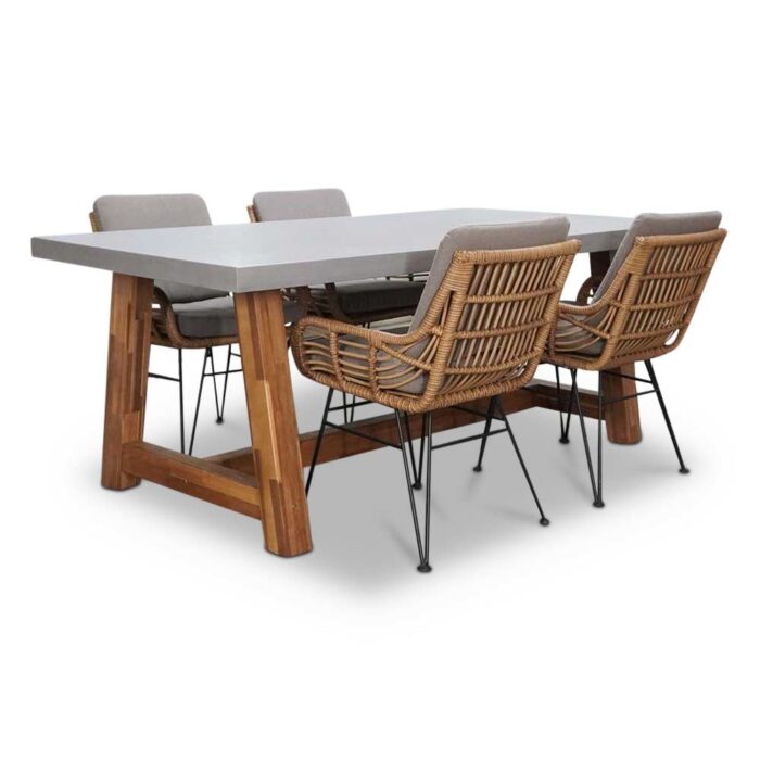 BUITEN living Veltis/Carlos taupe dining tuinset | 4 personen | betonlook + hardhout | 200cm – Taupe – Naturel – Bruin, Light Teak, Betonlook