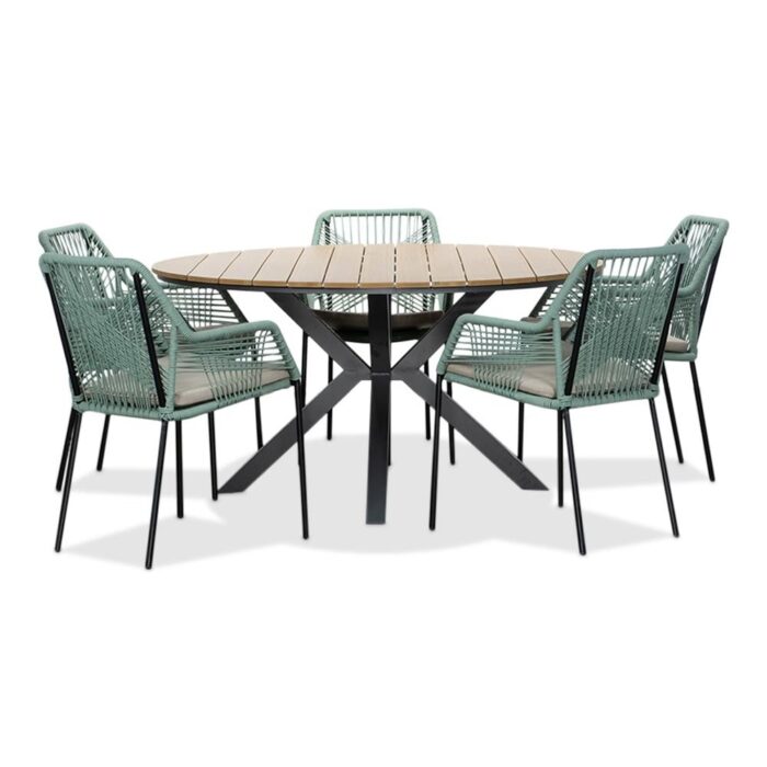LUX outdoor living Cervo/Seville mint dining tuinset | 5 personen | polywood + touw | 144cm – Light Teak, Groen