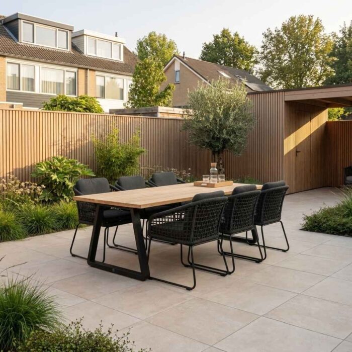 LUX outdoor living Elena/Tulum Lava Grey dining tuinset | 6 personen | teakhout + touw | 240cm – Grijs