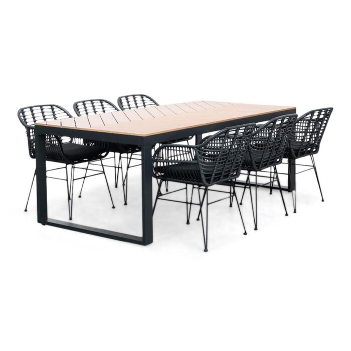 LUX outdoor living Kampa Natural/Napels dining tuinset | 6 personen | polywood + wicker | 210cm – Taupe – Naturel – Bruin, Zwart
