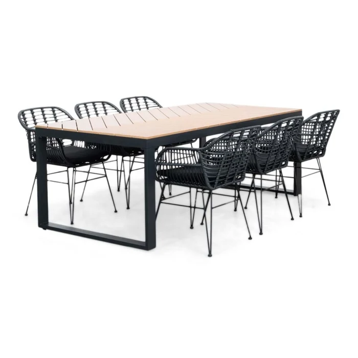 LUX outdoor living Kampa Natural/Napels dining tuinset | 6 personen | polywood + wicker | 210cm - Taupe - Naturel - Bruin, Zwart