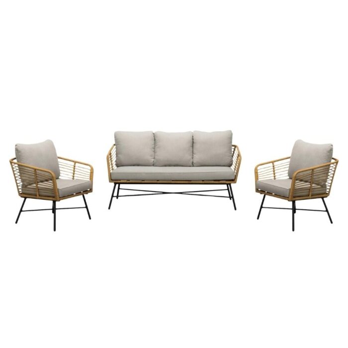 BUITEN living Flow stoel-bank loungeset 5 personen | wicker + teakhout | Bamboo taupe | 3-delig – Taupe – Naturel – Bruin