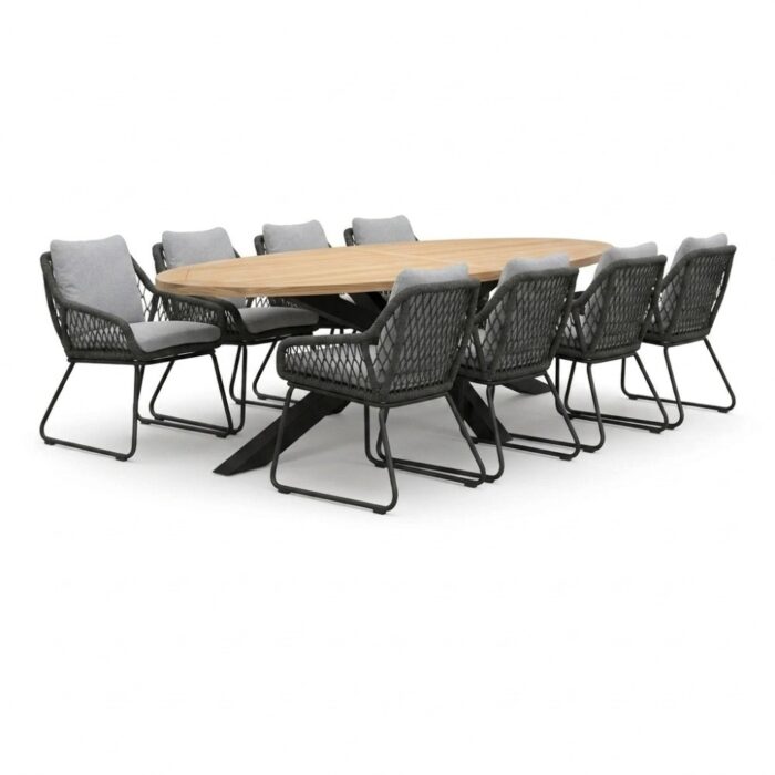 LUX outdoor living Cleve/Portofino Stone Grey dining tuinset | 8 personen | teakhout + touw | 280cm ovaal – Natural Teak
