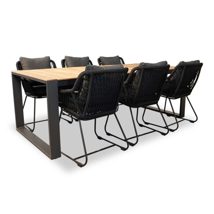 LUX outdoor living Atlanta/Portofino zwart dining tuinset | 6 personen | teakhout + touw | 218cm – Zwart, Natural Teak