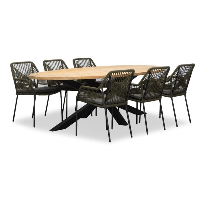 LUX outdoor living Cleve/Seville olijfgroen dining tuinset | 6 personen | teakhout + touw | 240cm ovaal – Grijs