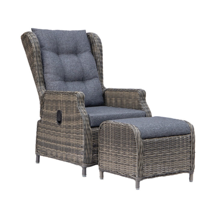 Denza Furniture Belfort loungestoel tuin met voetenbank | wicker + aluminium | Kobo Grey