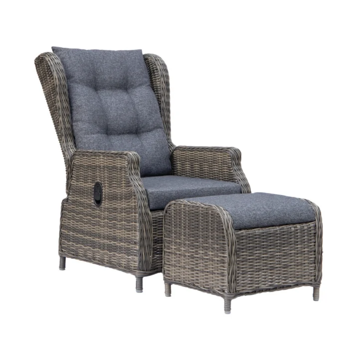 Denza Furniture Belfort loungestoel tuin met voetenbank | wicker + aluminium | Kobo Grey