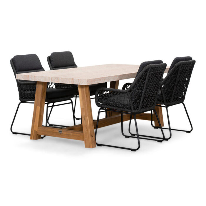 BUITEN living Velora/Valencia Lava Grey dining tuinset | 4 personen | travertin + touw | 200cm – Grijs