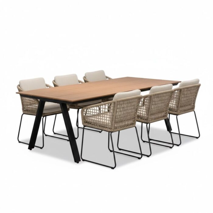 LUX outdoor living Oslo natural/Tulum Sahara Dust dining tuinset | 6 personen | polywood + touw | 220cm – Zand