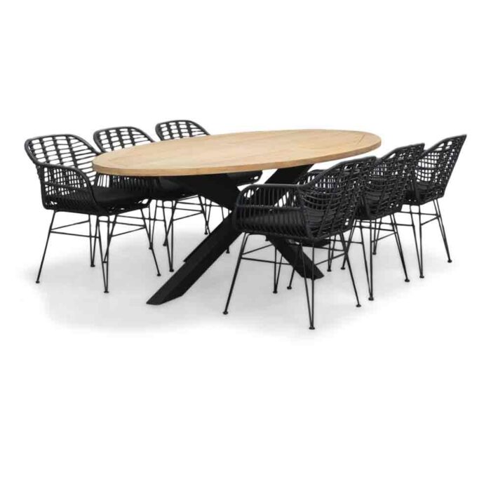 LUX outdoor living Cleve/Napels dining tuinset | 6 personen | teakhout + wicker | 240cm ovaal – Zwart