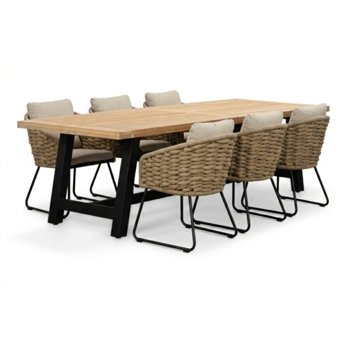 LUX outdoor living James/Flora Sahara Dust dining tuinset | 6 personen | teakhout + touw | 260cm – Natural Teak