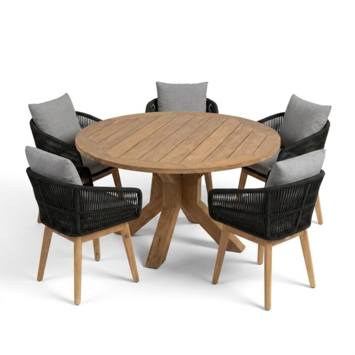 BUITEN living Genua/Bella zwart dining tuinset | 5 personen | teakhout + touw | 140cm rond