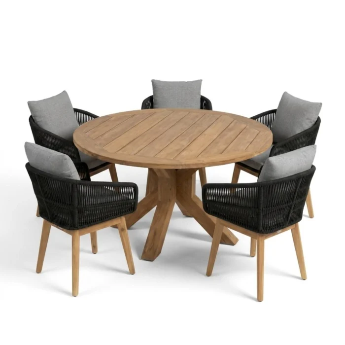 BUITEN living Genua/Bella zwart dining tuinset | 5 personen | teakhout + touw | 140cm rond