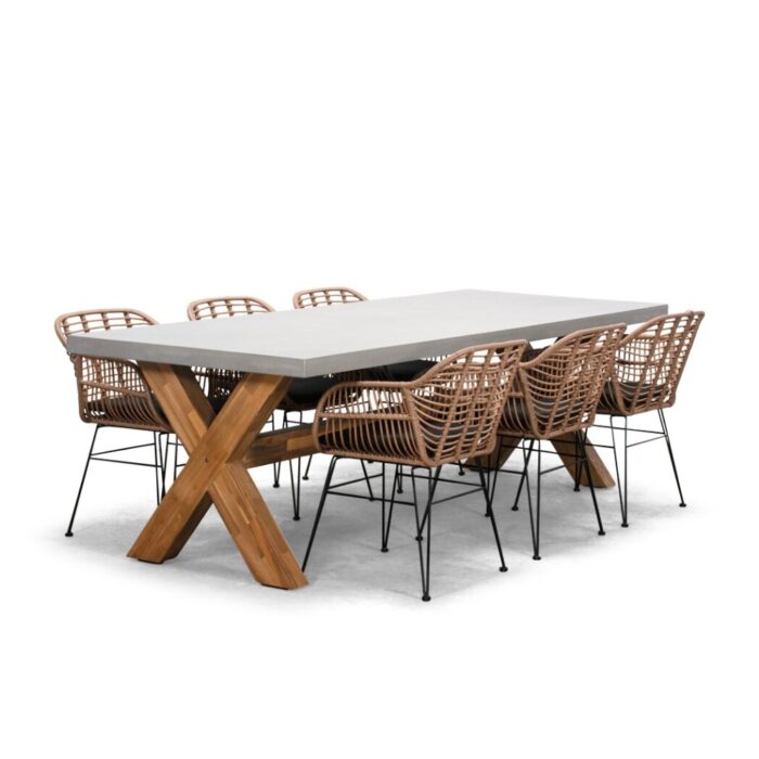 BUITEN living Norwich/Lola dining tuinset | 6 personen | betonlook + wicker | 250cm – Taupe – Naturel – Bruin, Betonlook, Antraciet