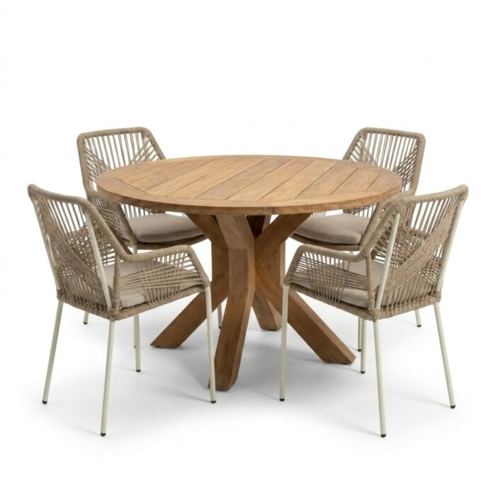 BUITEN living Genua/Seville beige dining tuinset | 4 personen | teakhout + touw | 120cm rond