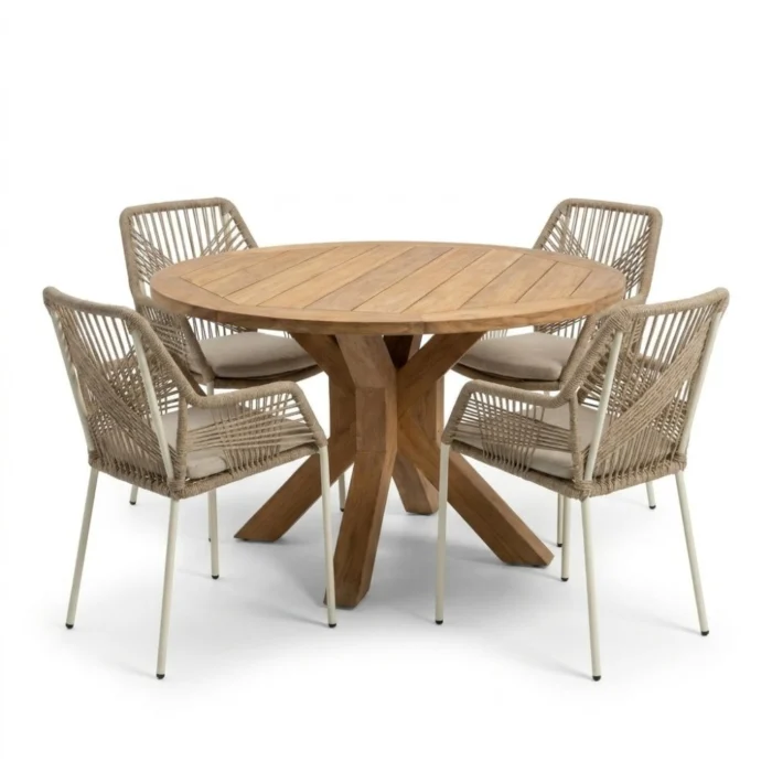 BUITEN living Genua/Seville beige dining tuinset | 4 personen | teakhout + touw | 120cm rond