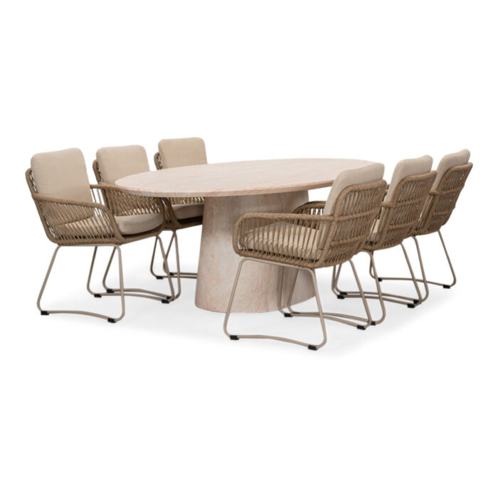 BUITEN living Max/Harper Sandstone dining tuinset | 6 personen | travertin + touw | 240cm ovaal – Zand