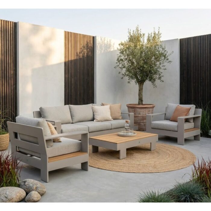 LUX outdoor living Riviera stoel-bank loungeset 5 personen | aluminium + teak | beige | 4-delig