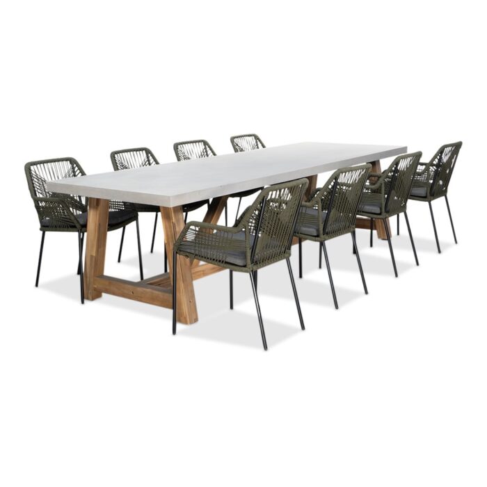 BUITEN living Veltis/Seville olijfgroen dining tuinset | 8 personen | betonlook + touw | 300cm – Light Teak, Olijfgroen, Betonlook