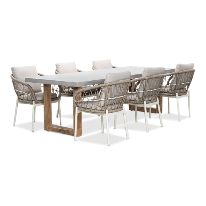BUITEN living Lausanne/Dakota beige/wit dining tuinset | 6 personen | betonlook + touw | 250cm – Taupe – Naturel – Bruin, Grijs