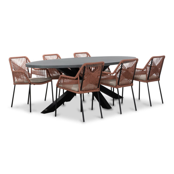 BUITEN living Stockholm/Seville terra dining tuinset | 6 personen | betonlook + touw | 240cm ovaal – Zwart, Rood