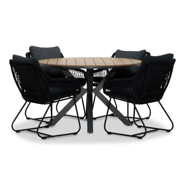 LUX outdoor living Cervo/Portofino zwart dining tuinset | 4 personen | polywood + touw | 120cm – Light Teak, Zwart