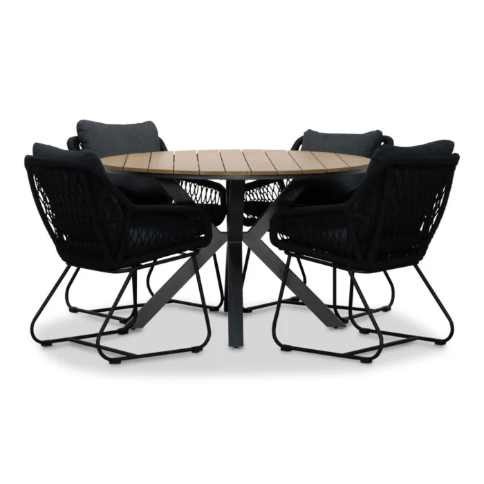 LUX outdoor living Cervo/Portofino zwart dining tuinset | 4 personen | polywood + touw | 120cm - Light Teak, Zwart