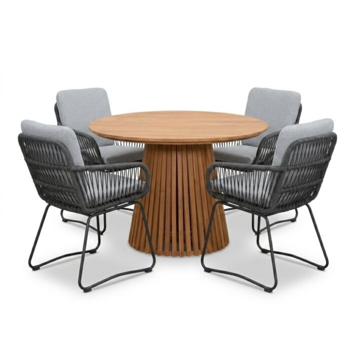 BUITEN living Palau/Harper Stone Grey dining tuinset | 4 personen | teakhout + touw | Ø120cm – Natural Teak