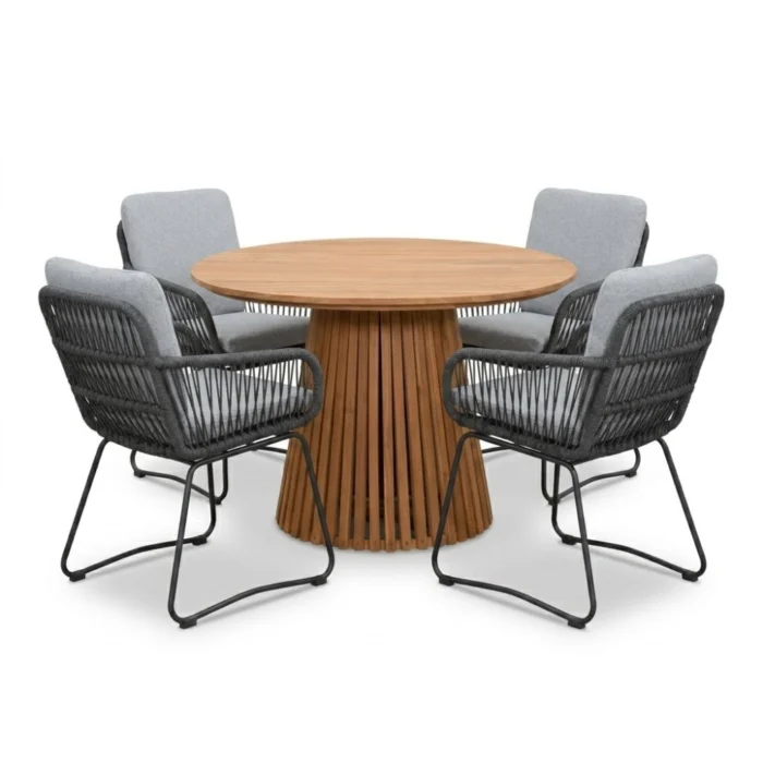 BUITEN living Palau/Harper Stone Grey dining tuinset | 4 personen | teakhout + touw | Ø120cm - Natural Teak