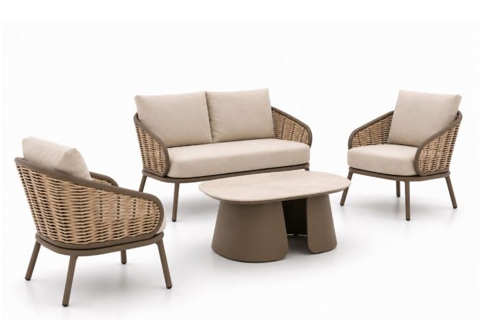 Apple Bee Pine Key/Miyoura stoel-bank loungeset 4-delig – Taupe-naturel-bruin