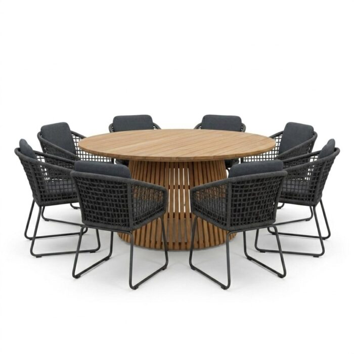 BUITEN living Palau/Tulum Lava Grey dining tuinset | 8 personen | teakhout + touw | 180cm – Natural Teak