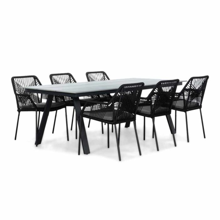 LUX outdoor living Oslo Grey/Seville zwart dining tuinset | 6 personen | polywood + touw | 220cm – Zwart, Grijs