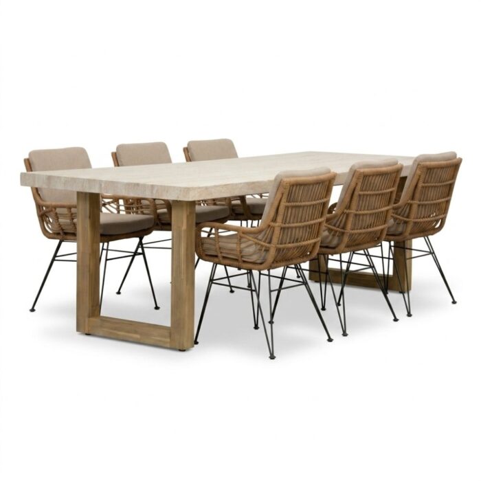 BUITEN living Laurenne/Carlos taupe dining tuinset | 6 personen | polystone + wicker | 250cm – Travertin