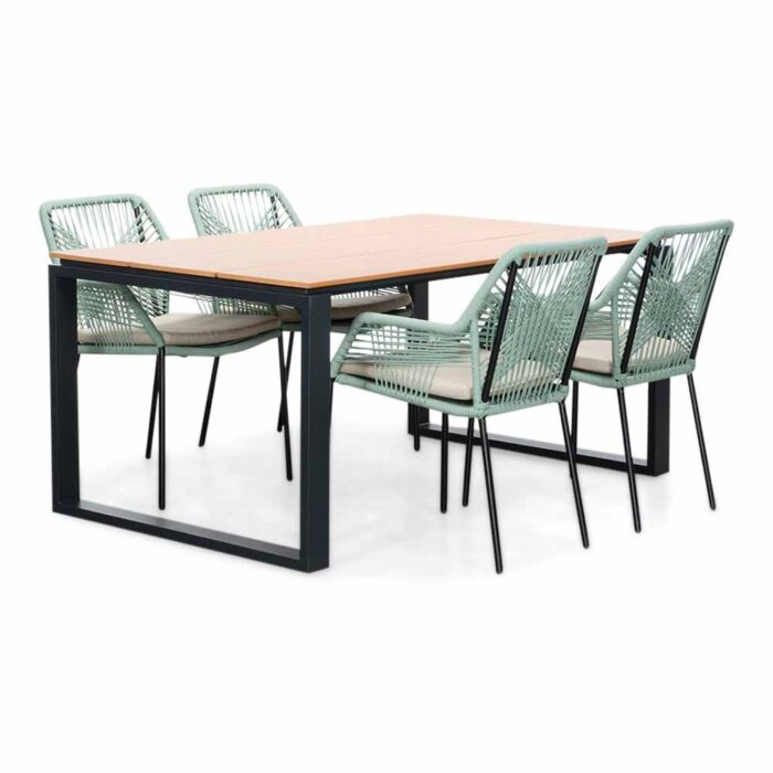 LUX outdoor living Helsinki Natural/Seville mint dining tuinset | 4 personen | polywood + touw | 160cm – Light Teak, Zwart, Mint