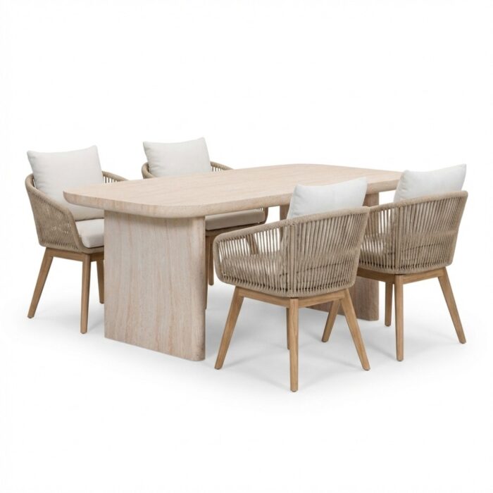 BUITEN living Mees/Bella zand dining tuinset | 4 personen | travertin + touw | 200cm